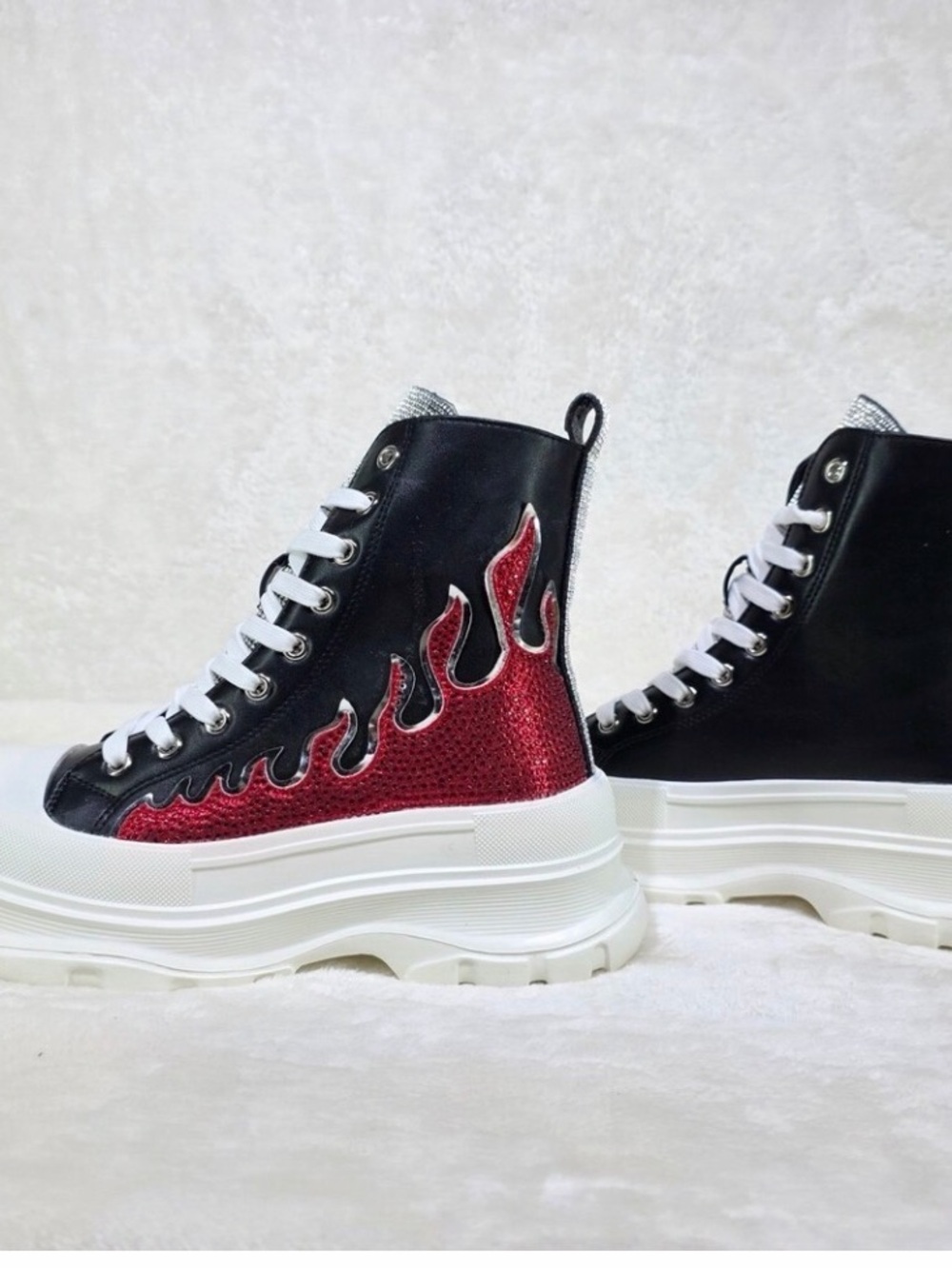 NIB Cape Robbin Black Lace-Up Platform Sneaker Boots with Red Flame Detail